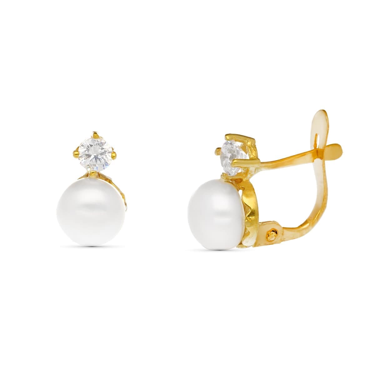 Boucles d'oreilles Or Jaune 18K Perle et Zircon 10X5 mm Fermoir Catalan