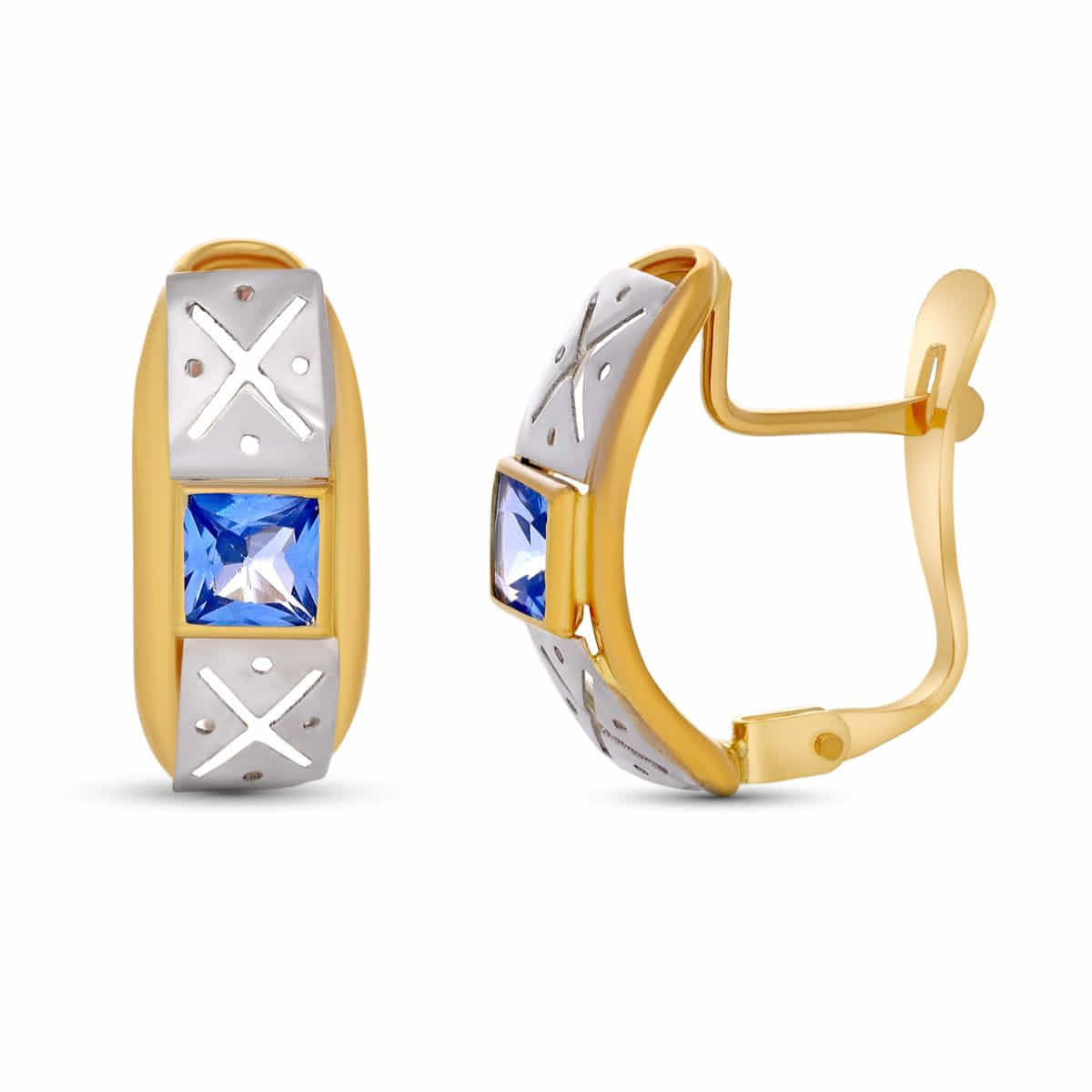 18K Two-tone Gold Earrings Square 3X3 mm Total 15X6 mm Hinged Clasp