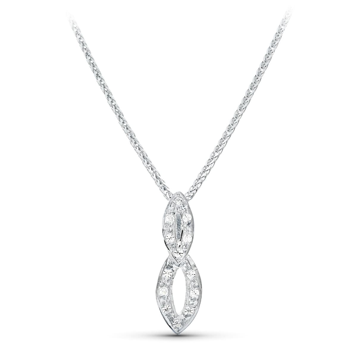 18K Collier en Or Blanc 45 Cm. Pendentif 20X9 mm Zircon