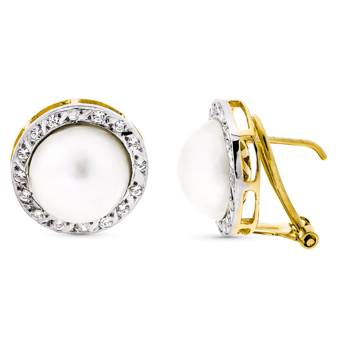 18K Boucles d'oreilles en 2 Ors. Zircon & Perle de Culture 10MM