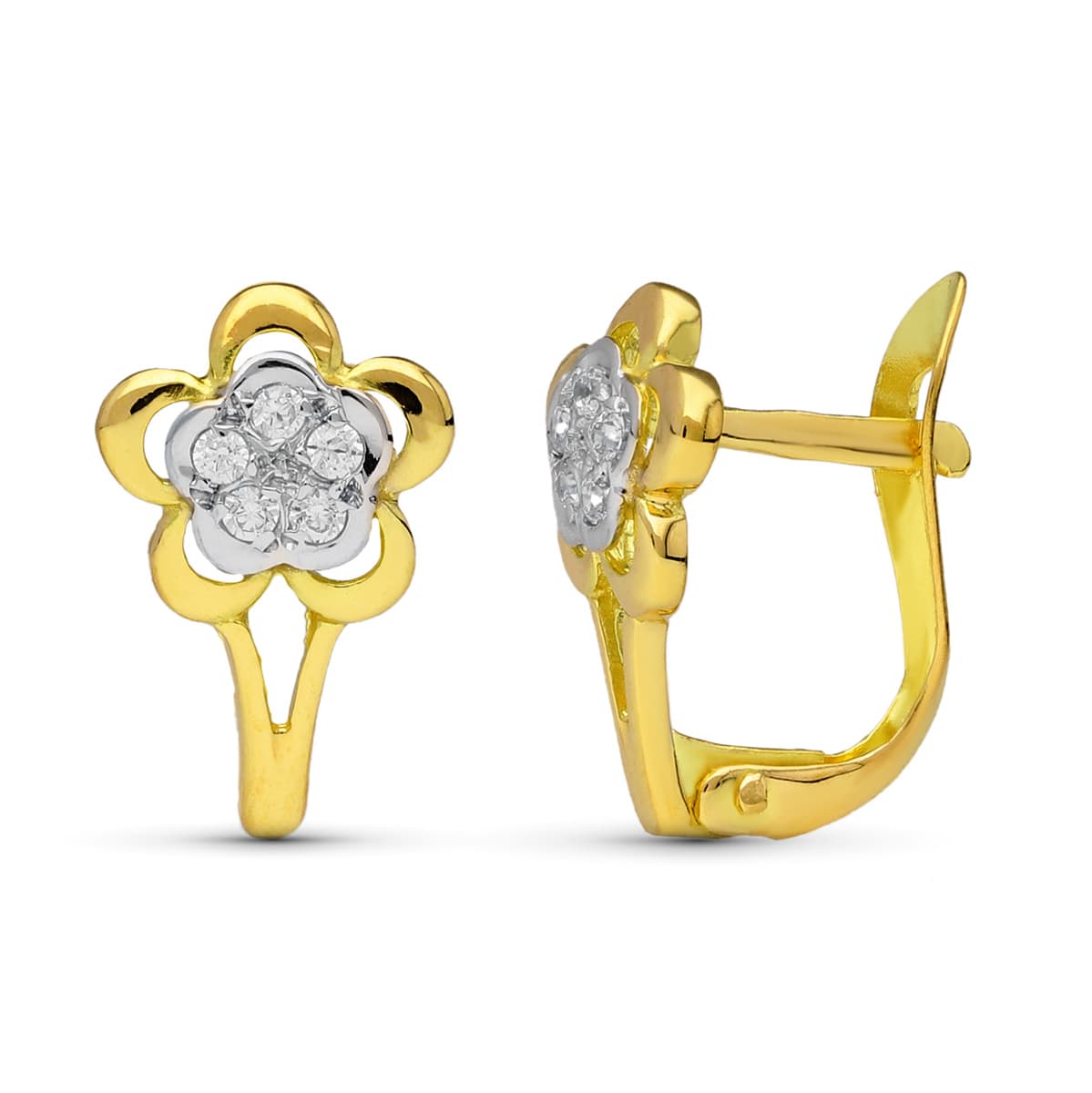 Boucles d'oreilles Fleurs en Or Bicolore 18K 12X8 mm Fermoir Catalan
