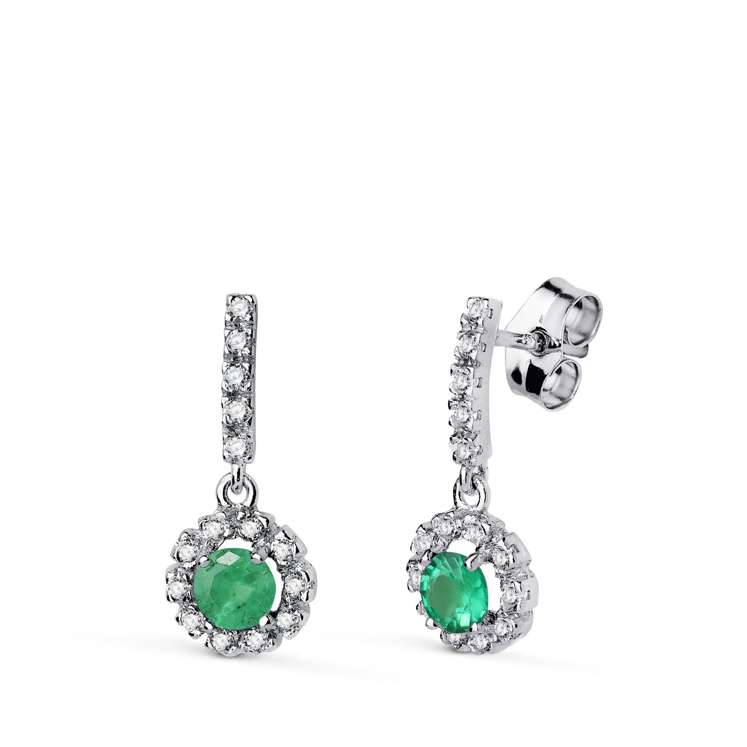 Boucles d'oreilles Émeraude Or Blanc 18K 4MM - 0,50 Qts et Zircon 18 X 7,5 mm Fermoir Poussettes Papillon