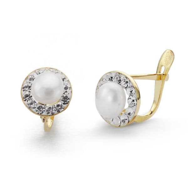 Pendientes Comunión Perlas y Circonitas en Oro Bicolor de 18 Quilates Cierre Catalán de 8 mm