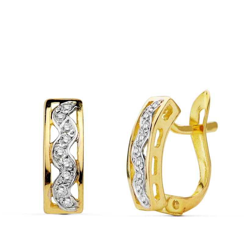 Pendientes Circonitas Bicolor 18K 12X4 mm Cierre Catalán
