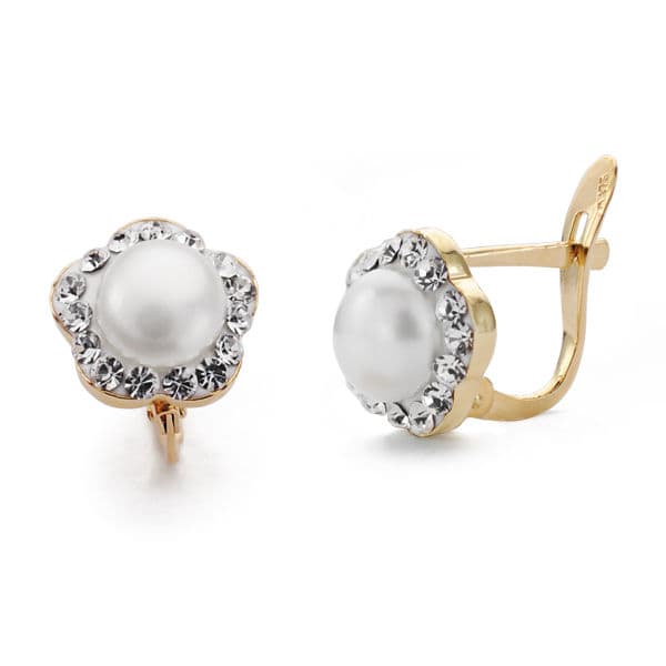 Pendientes Flor y Perlas en Oro Bicolor de 9K. Cierre Catalán 9X9 mm