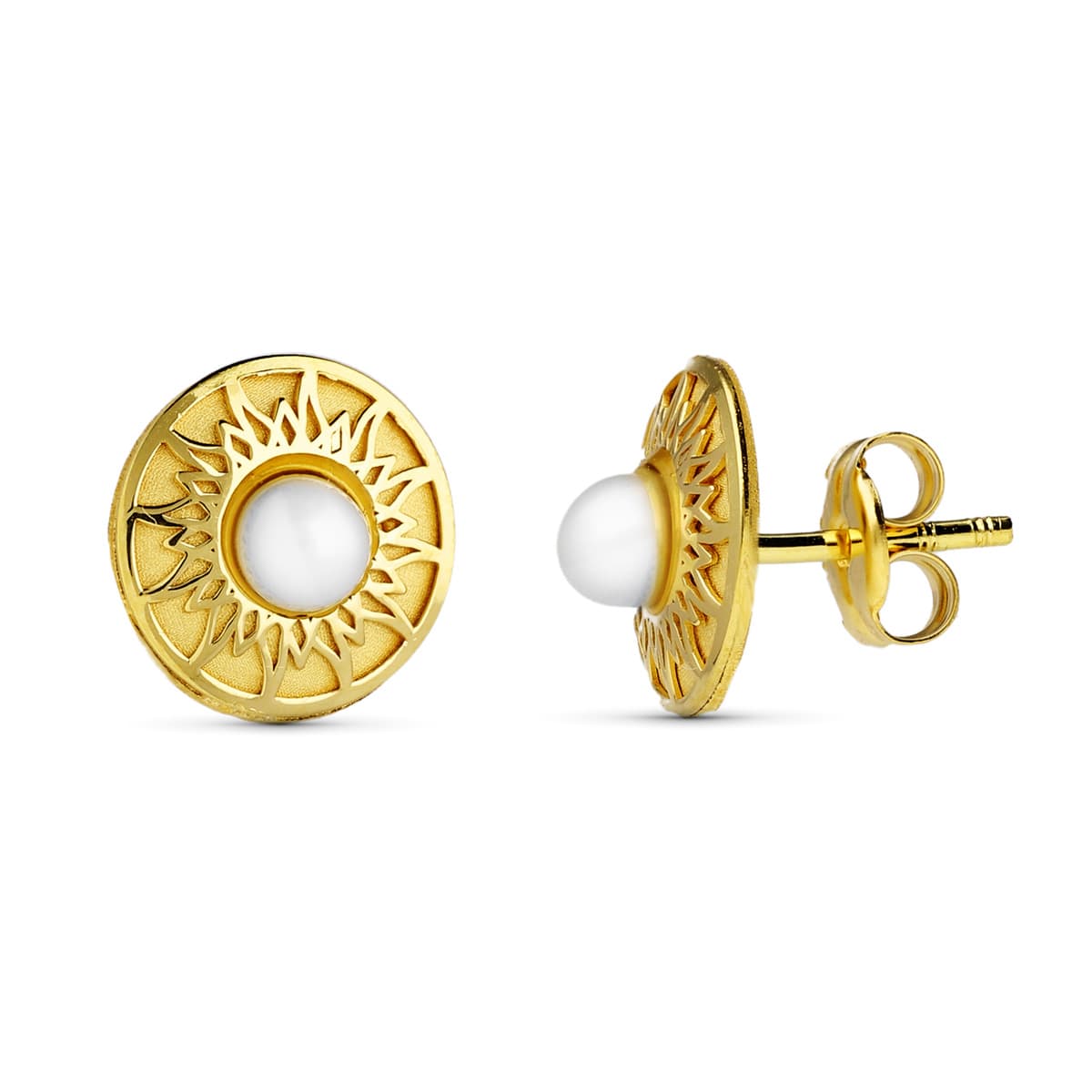 Boucles d'oreilles Or Jaune 18K Ronde 9 mm Perlite 3 mm Fermoir Poussettes Papillon