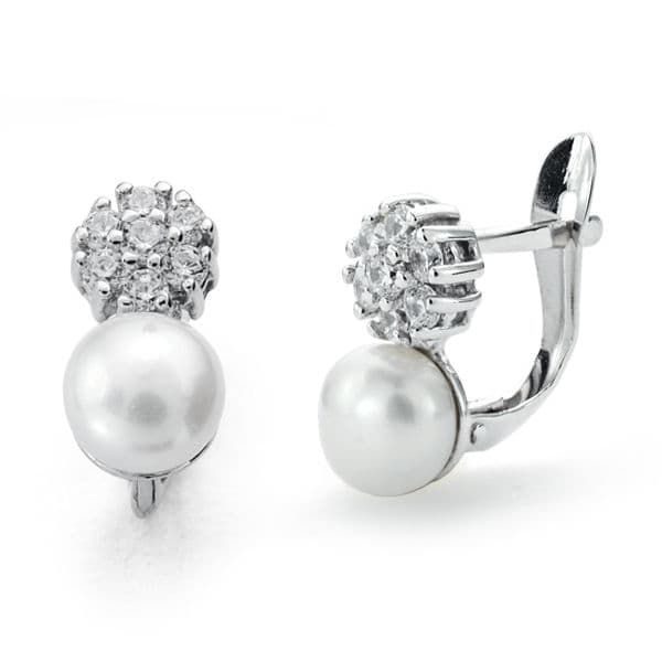 Boucles d'oreilles Perle-zircone Or Blanc 18K 12X6 mm Fermoir Catalan