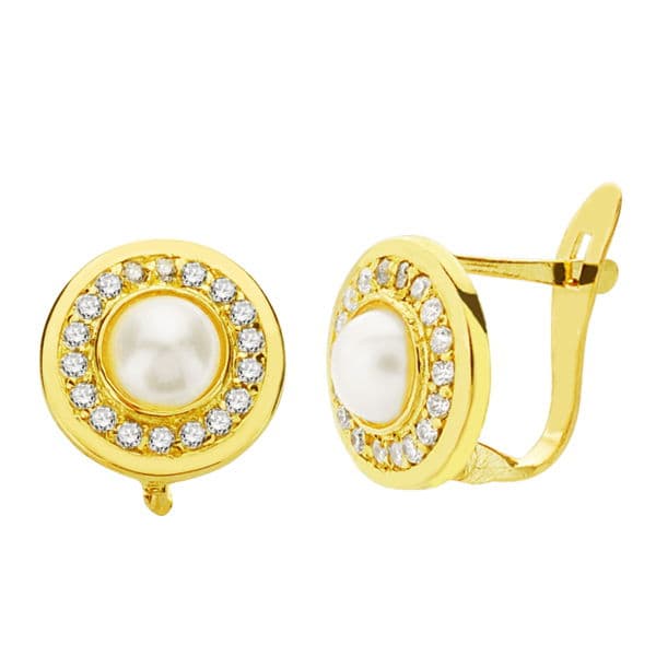 Boucles d'oreilles Or Jaune 18K Perle et Zircon 9 mm Fermoir Catalan