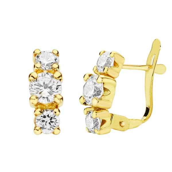 Boucles d'oreilles Or Jaune 18K Trois Zircon 11X4 mm Fermoir Catalan
