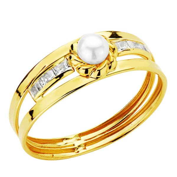 Bague Double Corps en Or Jaune 18K avec Perle de 3 mm et Zircon sur Rail Largeur : 6 mm