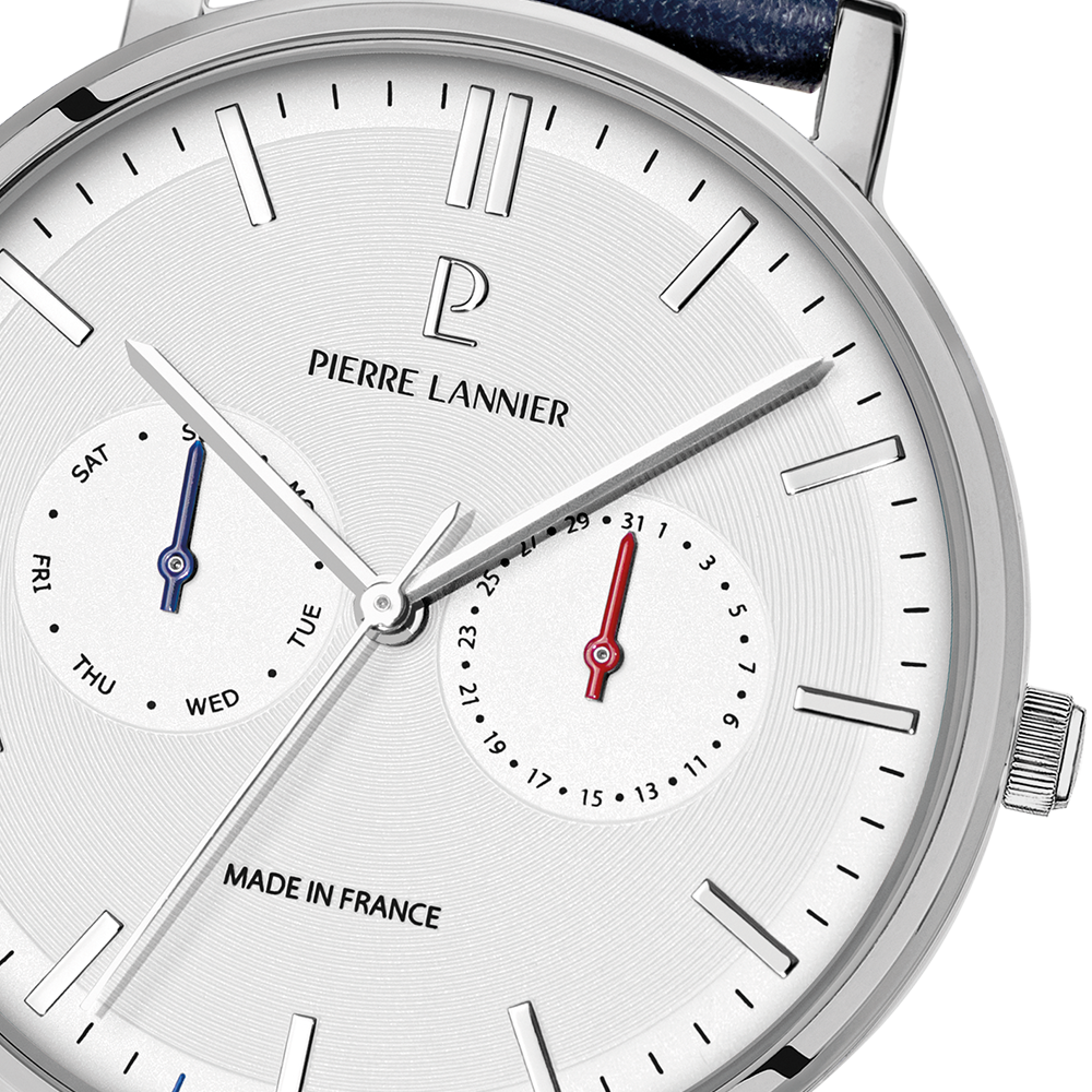 Montre homme Pierre Lannier ESSENTIAL 206J106 – cadran blanc bracelet cuir bleu – vue 2