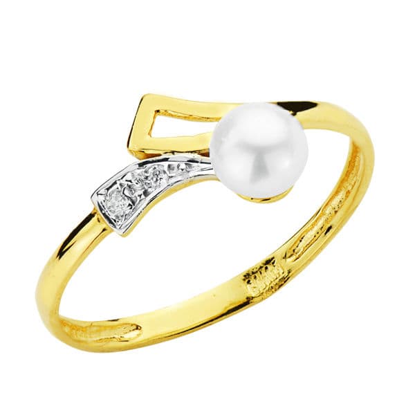 Bague en Or Bicolore 18K Motif Ouvert avec Perle de 4 mm et Zircon Largeur : 7,5 mm