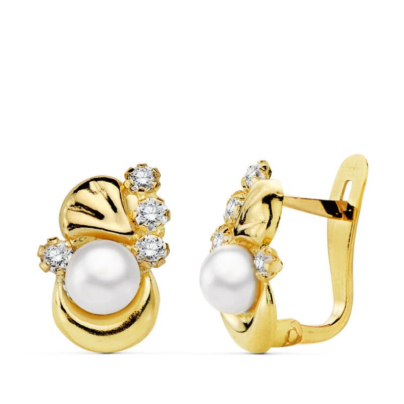 Boucles d'oreilles Or Jaune 18K Perle et Zircon 12X8 mm Fermoir Catalan