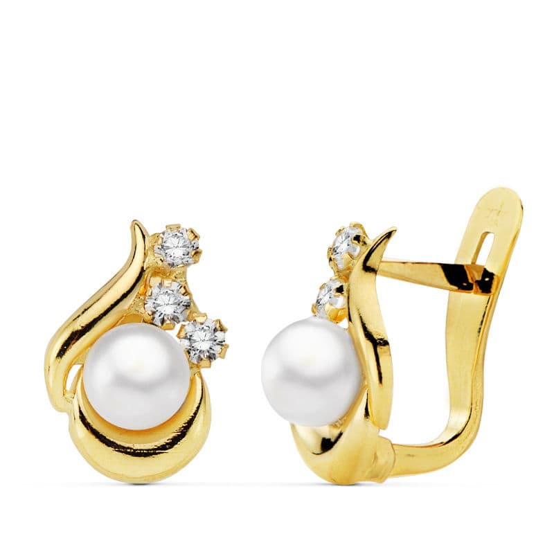 Boucles d'oreilles Or Jaune 18K Perle et Zircon 11X8 mm Fermoir Catalan