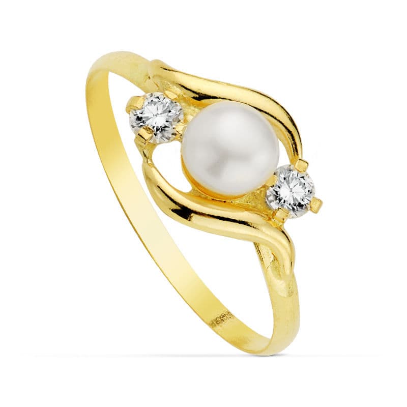 Inel din aur galben de 18K cu model cu perla de 4,5 mm și zircon Lățime: 8 mm