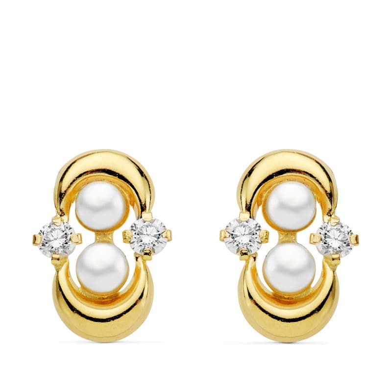 Pendientes Comunión Perlas y Circonitas Oro Amarillo 18K Cierre Catalán