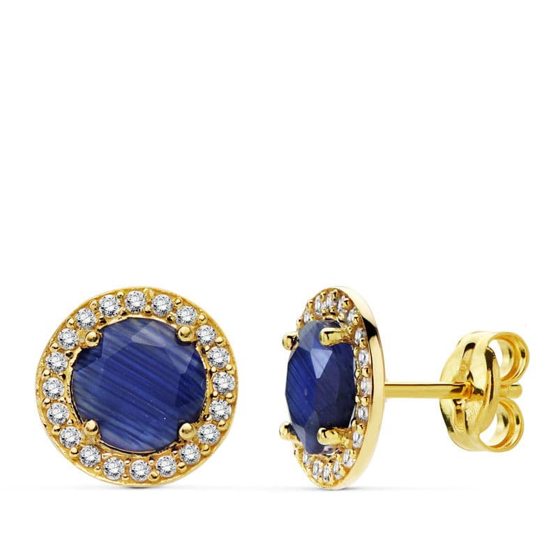 Boucles d'oreilles Or Jaune 18K Pierre Bleue Zircon 9 mm Fermoir Poussettes Papillon