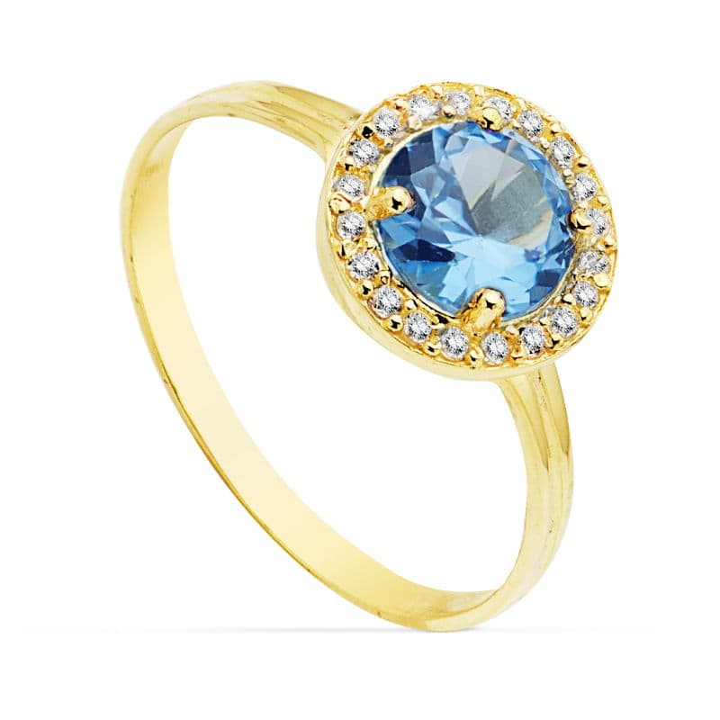 18K geelgouden ring rond patroon 9 mm blauwe steen 6 mm