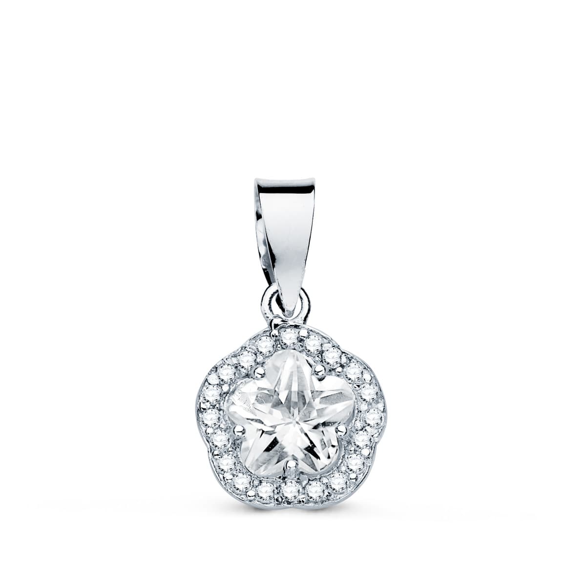 18K Pendentif Or Blanc Fleur avec Zircons 9 X9 mm