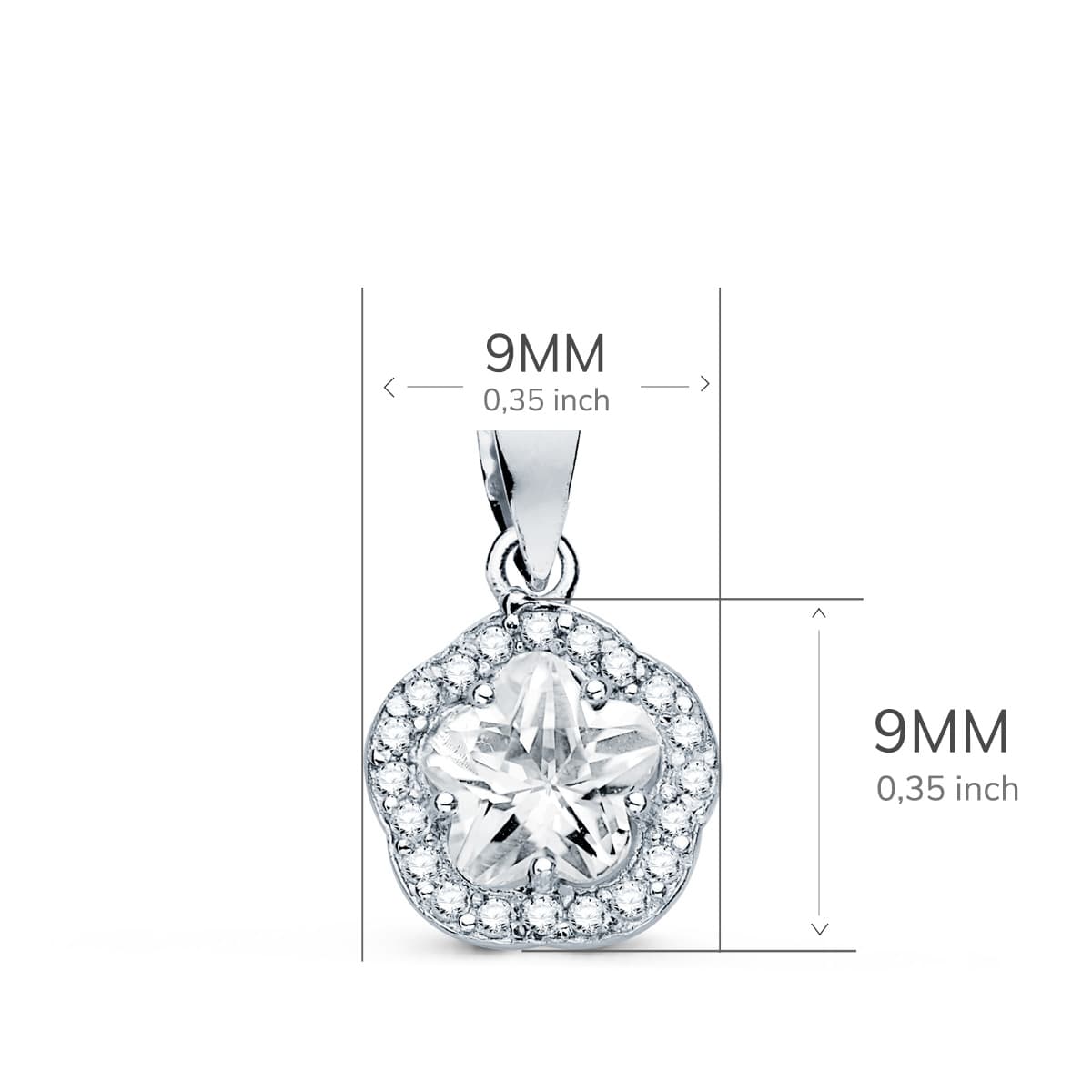 18K Pendentif Or Blanc Fleur avec Zircons 9 X9 mm