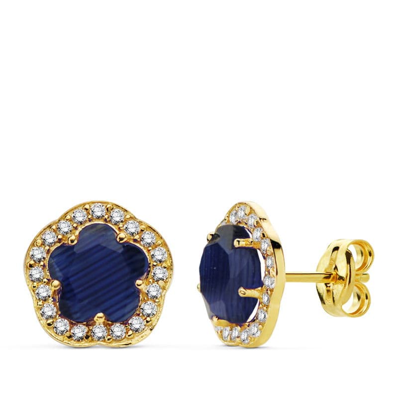 Boucles d'oreilles Fleur en Pierre Bleue Or Jaune 18K 9X9 mm Fermoir Poussettes Papillon