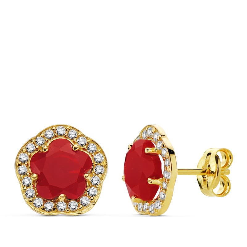 Boucles d'oreilles Or Jaune 9K Étoile 9 mm Pierre Rouge Fermoir Poussettes Papillon