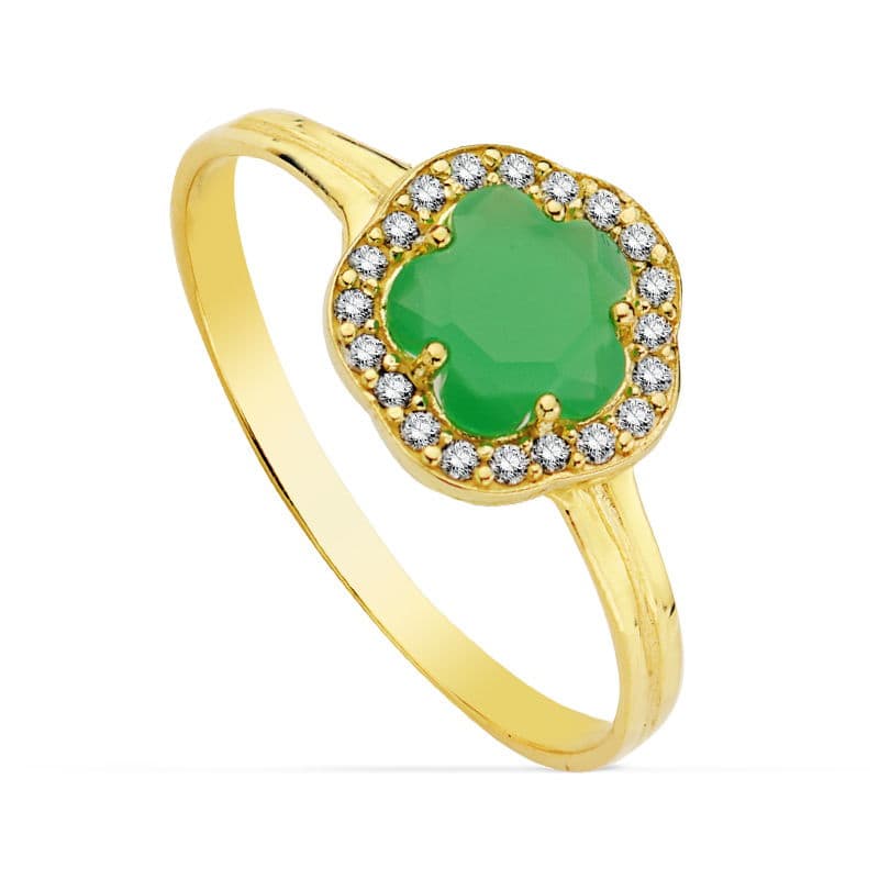 Bague Or Jaune 18K avec Zircone Fleur Verte Largeur : 9 X 9 mm