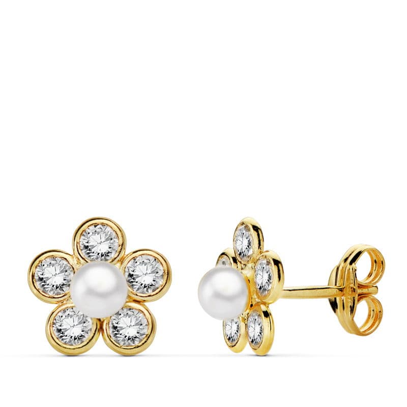 18K gul guld Zircon Flower øreringe 9X9 mm Butterfly klapvogn lås
