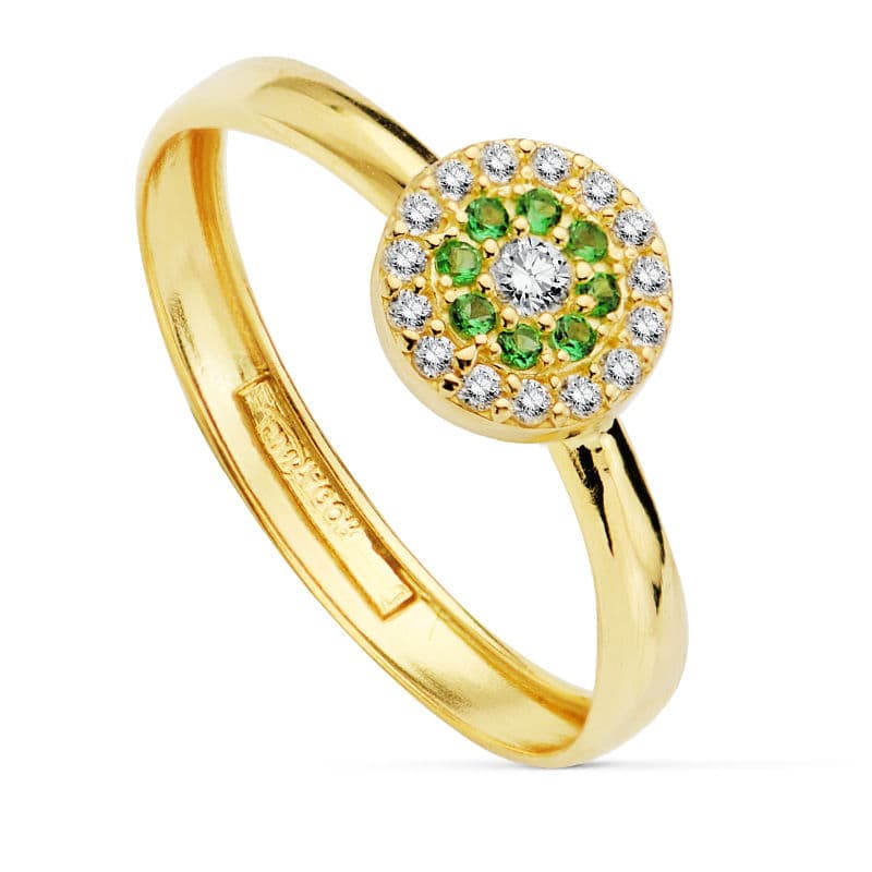 18K gul guldring med hvide og grønne zirkoner. Bredde: 7 mm