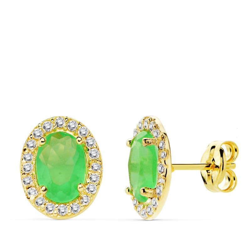 Boucles d'oreilles Or Jaune 18K Pierre Verte Zircone Ovale 10X8M Fermoir Poussette Papillon