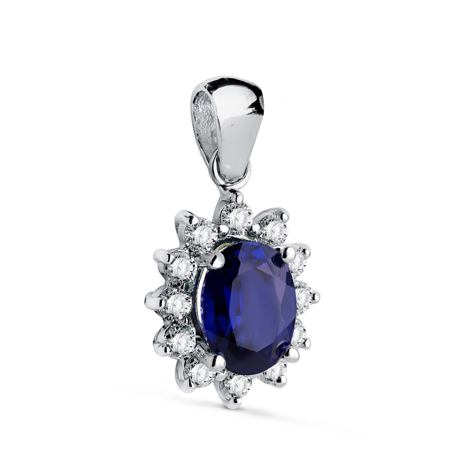 Pendentif en Or Blanc 18K Saphir 8X6 mm 1.63 Ct 14 Diamants Lab 0.42 Ct VS2-G 12.5 X 11 mm