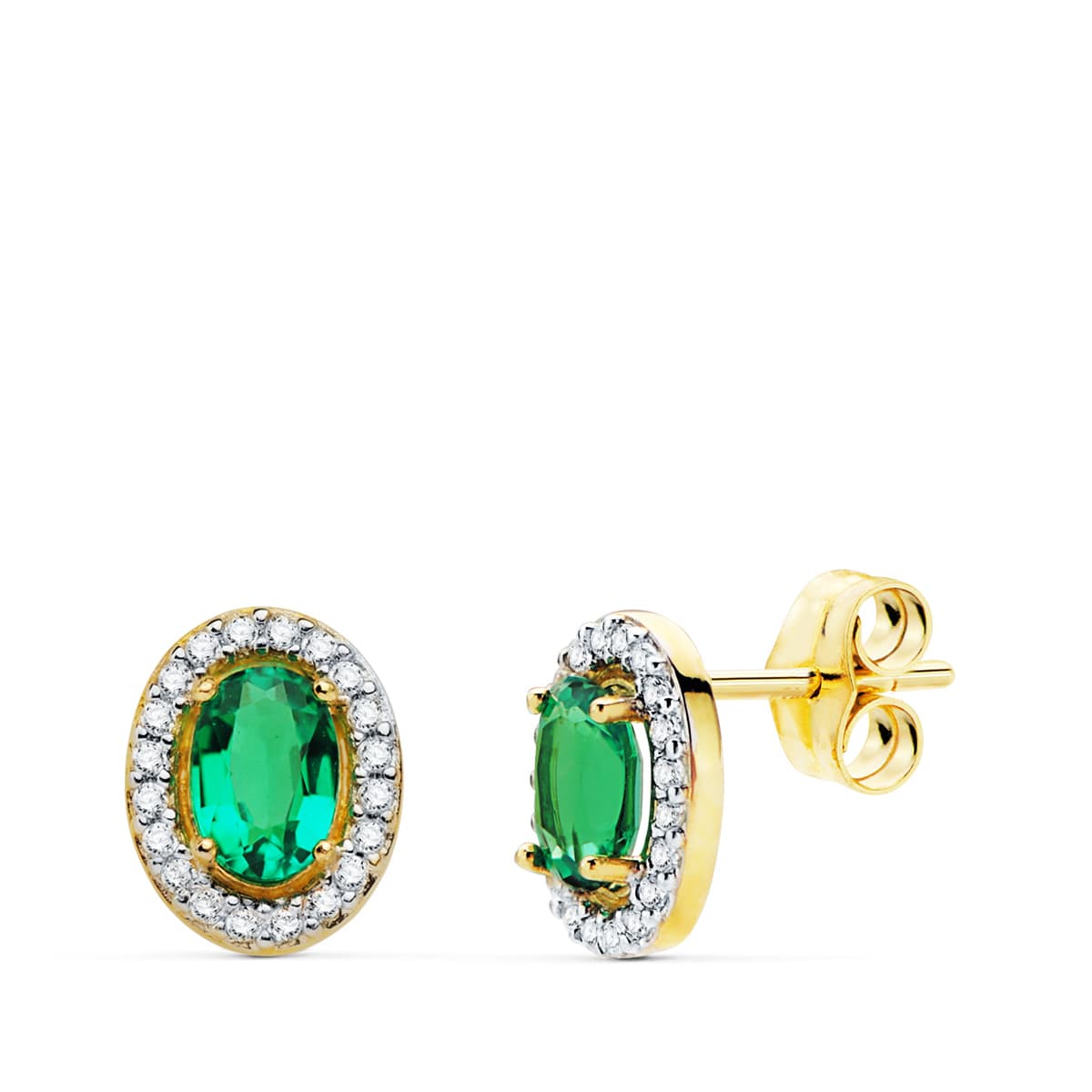 Boucles d'oreilles Or Jaune 18K Émeraude Recristallisée Ovale 0.98 Ct 6X4 mm Push Back