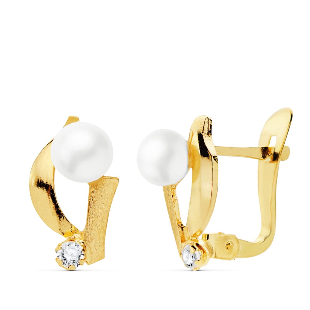 Pendientes Oro Amarillo 18K Oczirconias 11X7 mm Perlas 4 mm Cierre Catalana