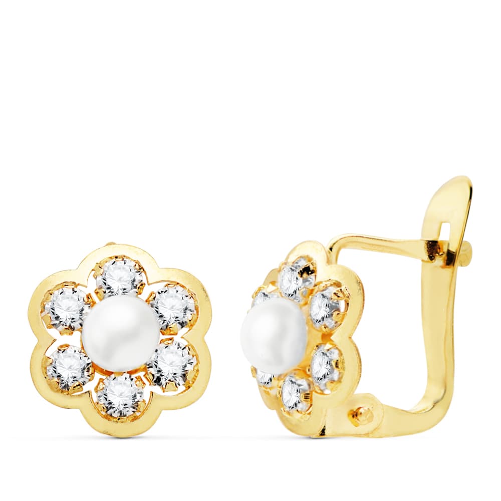 Boucles d'oreilles Fleur Or Jaune 18K avec Zircone et Perle 8X8 mm à Charnière