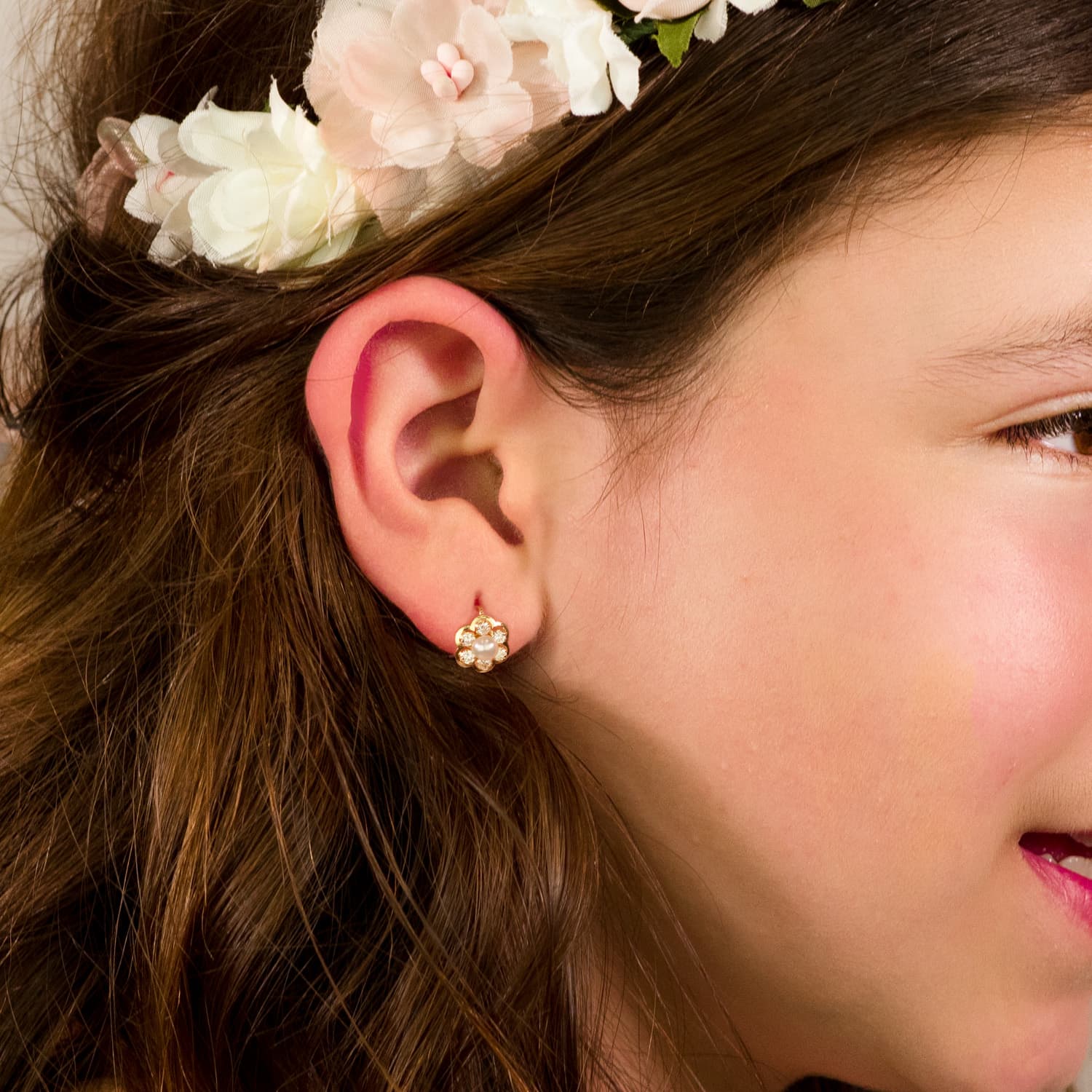 Boucles d'oreilles Fleur Or Jaune 18K avec Zircone et Perle 8X8 mm à Charnière