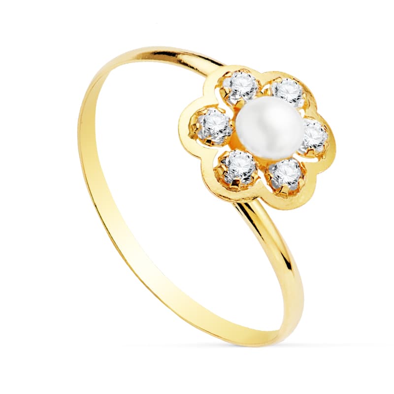 Bague Fleur en Or Jaune 18K avec Zircone et Perle 35 mm