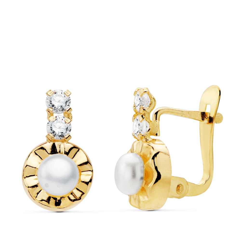 Boucles d'oreilles Or Jaune 18K Zircon 12X7 mm Perles 4 mm Fermoir Catalan