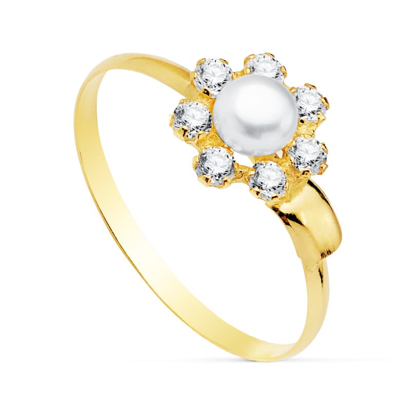Bague Fleur Ouverte en Or Jaune 18K avec Perle de 4 mm Largeur : 8 mm