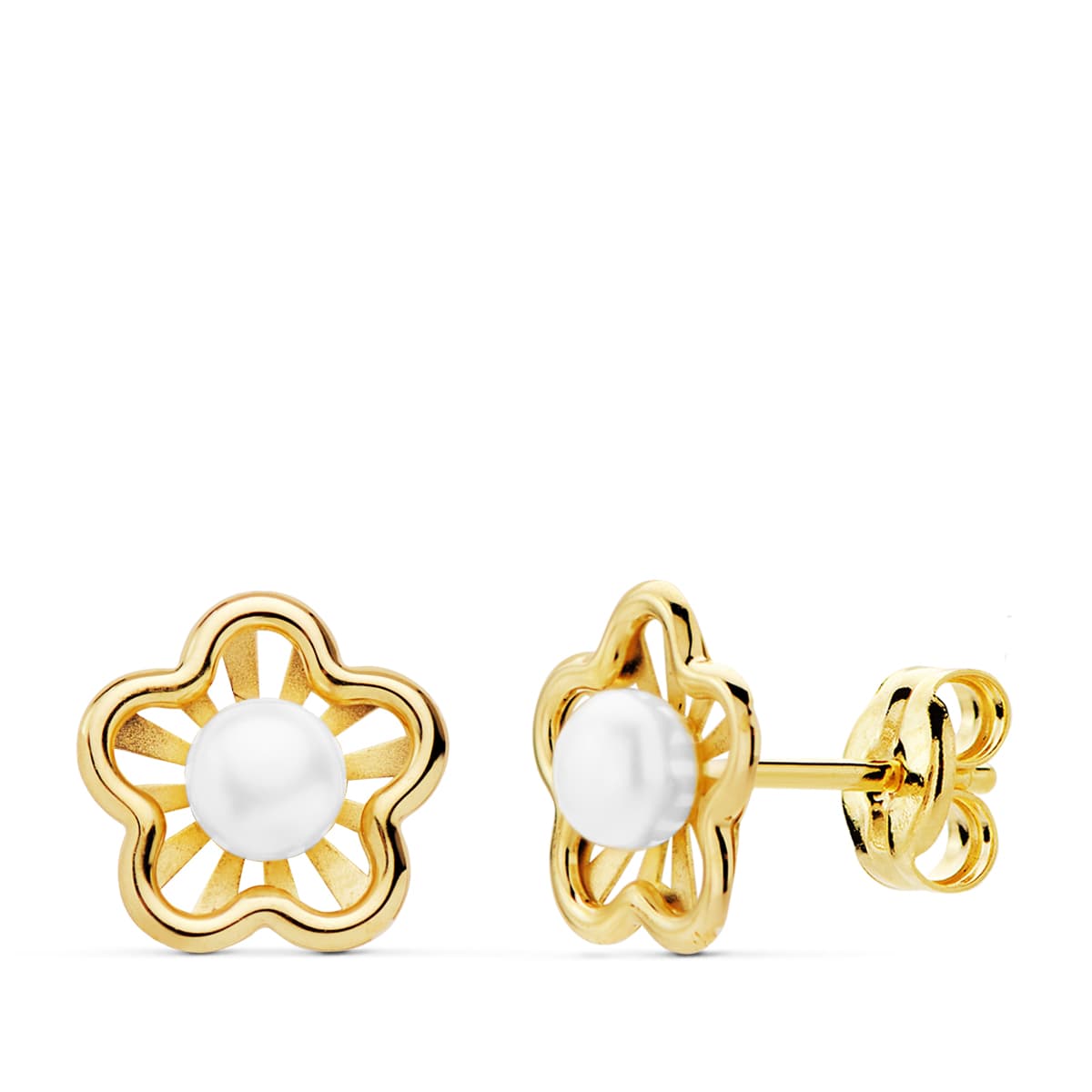 Boucles d'oreilles Or Jaune 18K Fleur 8X7 mm Perles 3MM Fermoir Poussettes Papillon