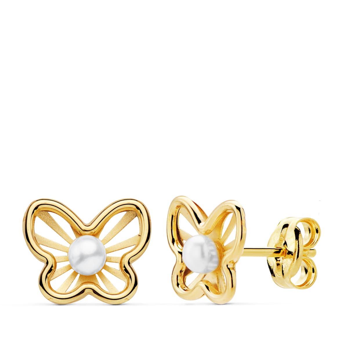 Boucles d'oreilles Or Jaune 18K Papillons 9X7 mm Perles 25 mm Fermoir Poussettes Papillon