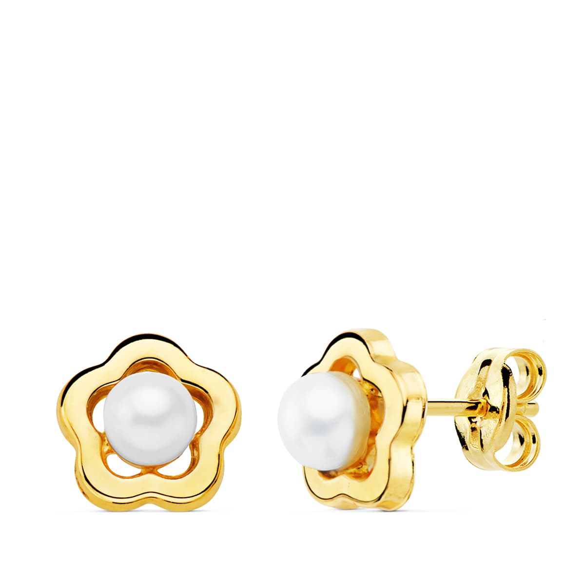 18K Boucles D´oreille en Or First Communion Flower Whit Pearl 4 M/m Yy.g.