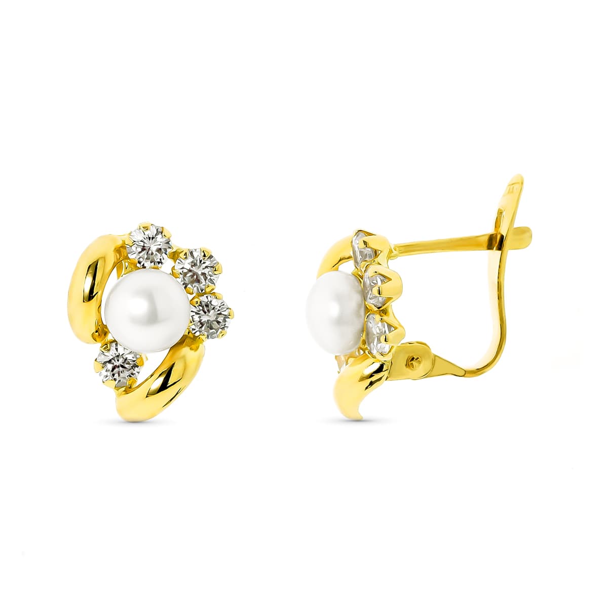 Boucles d'oreilles Or Jaune 18K Perle 5 mm et Zircon Fermoir Catalan