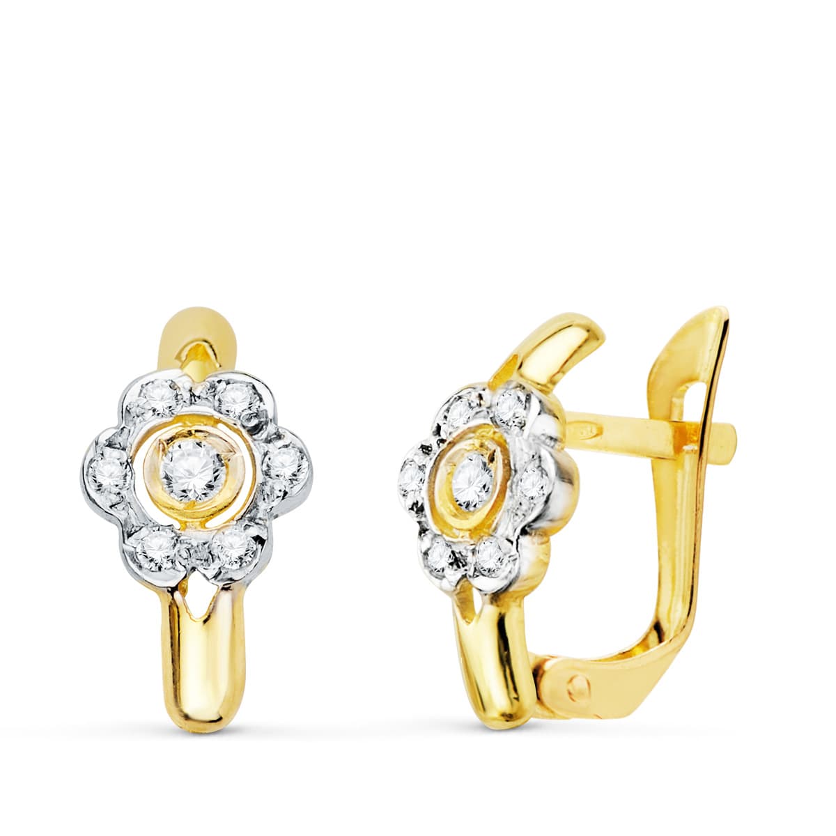 18K Boucles d'oreilles 2 Ors & Oxydes de Zirconium Fleur. 12X6 mm