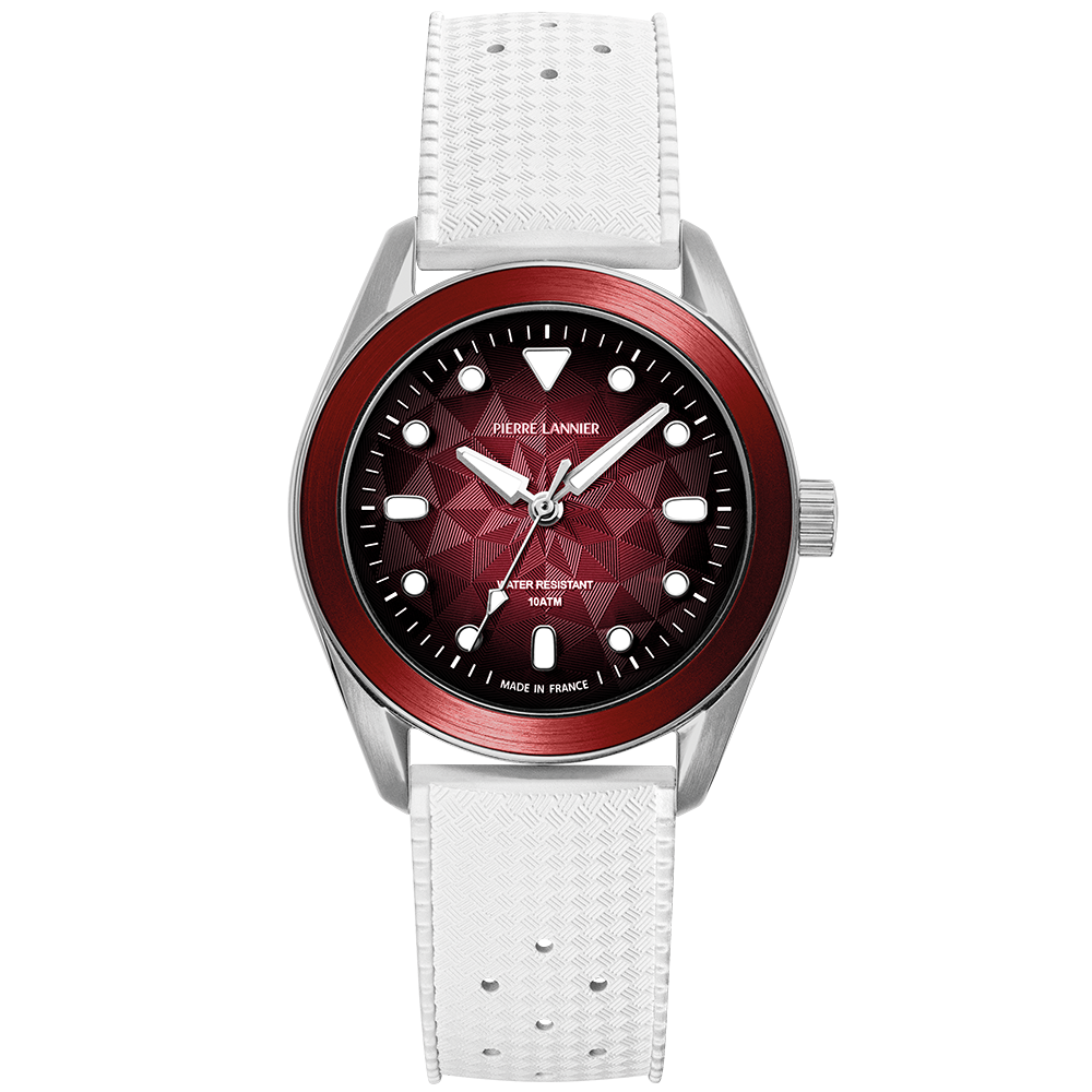 Montre mixte Pierre Lannier BORA 207K151 – cadran bordeaux bracelet caoutchouc blanc – vue de face