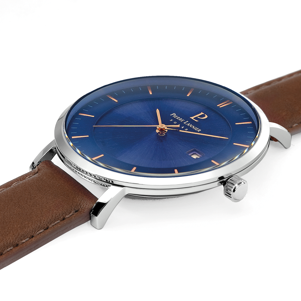 Cadran bleu brillant, aiguilles doré rose, lunette intemporel Pierre Lannier 208H164