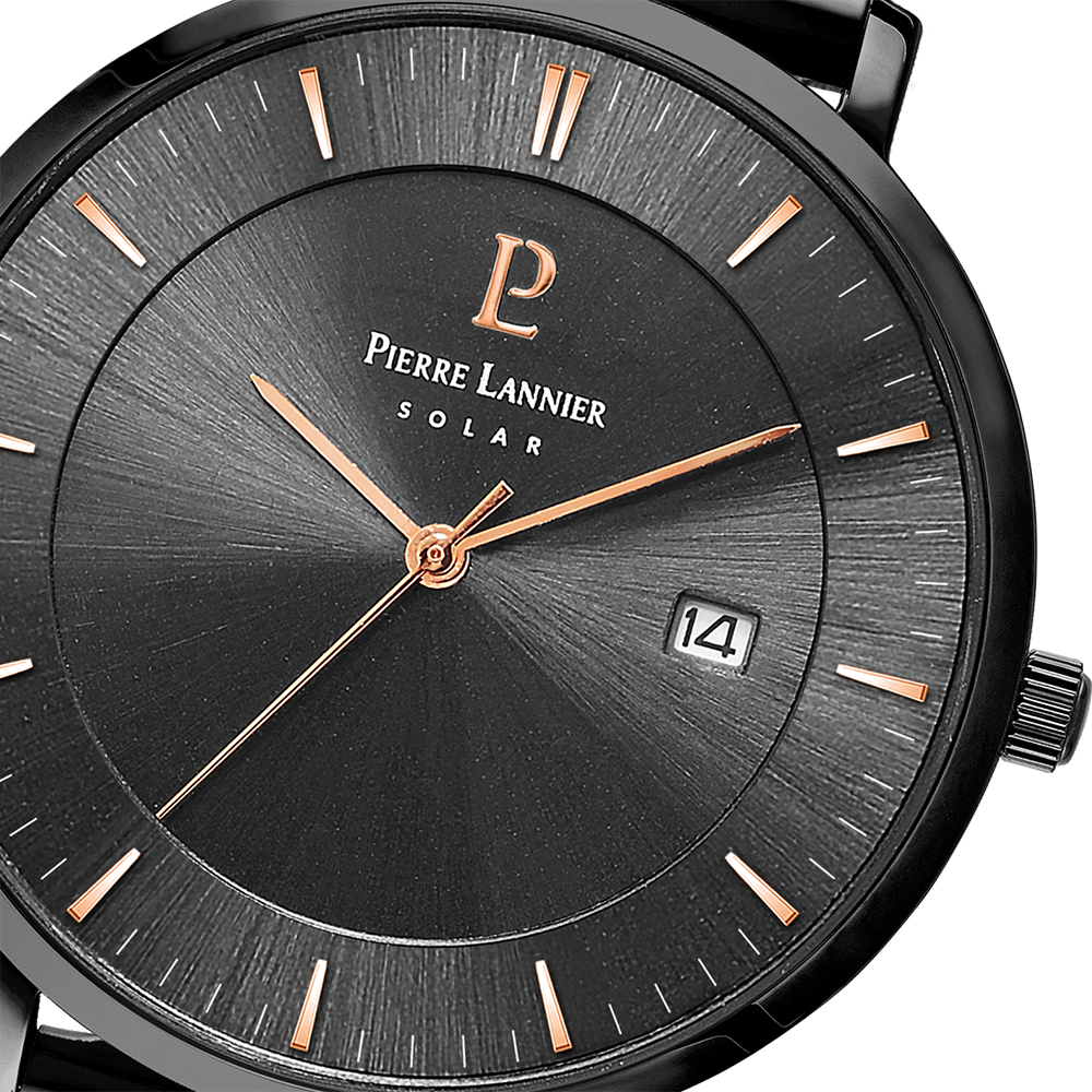 Zwarte sunray wijzerplaat, roségouden wijzers, tijdloze bezel Pierre Lannier 209G439