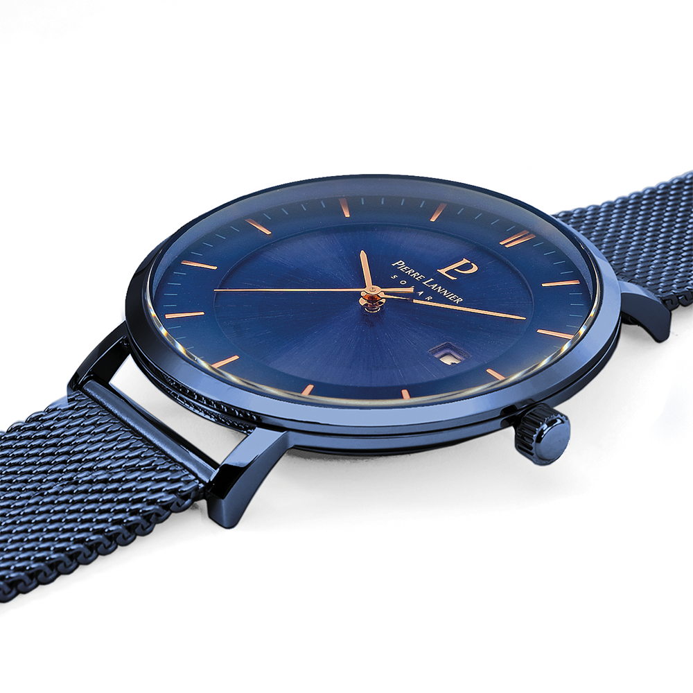 Blå solstråleskive, roseguldfarvede visere, tidløs bezel Pierre Lannier 209G469