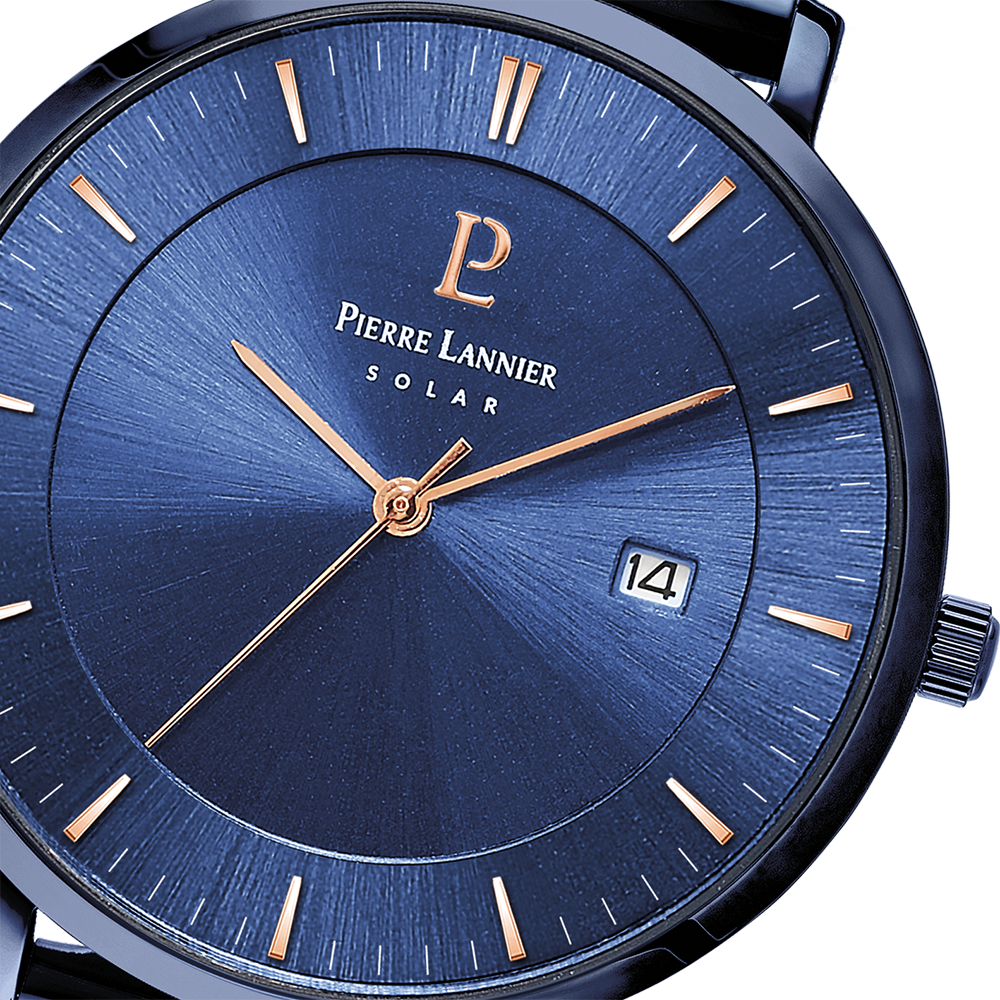 Blå solstråleskive, roseguldfarvede visere, tidløs bezel Pierre Lannier 209G469