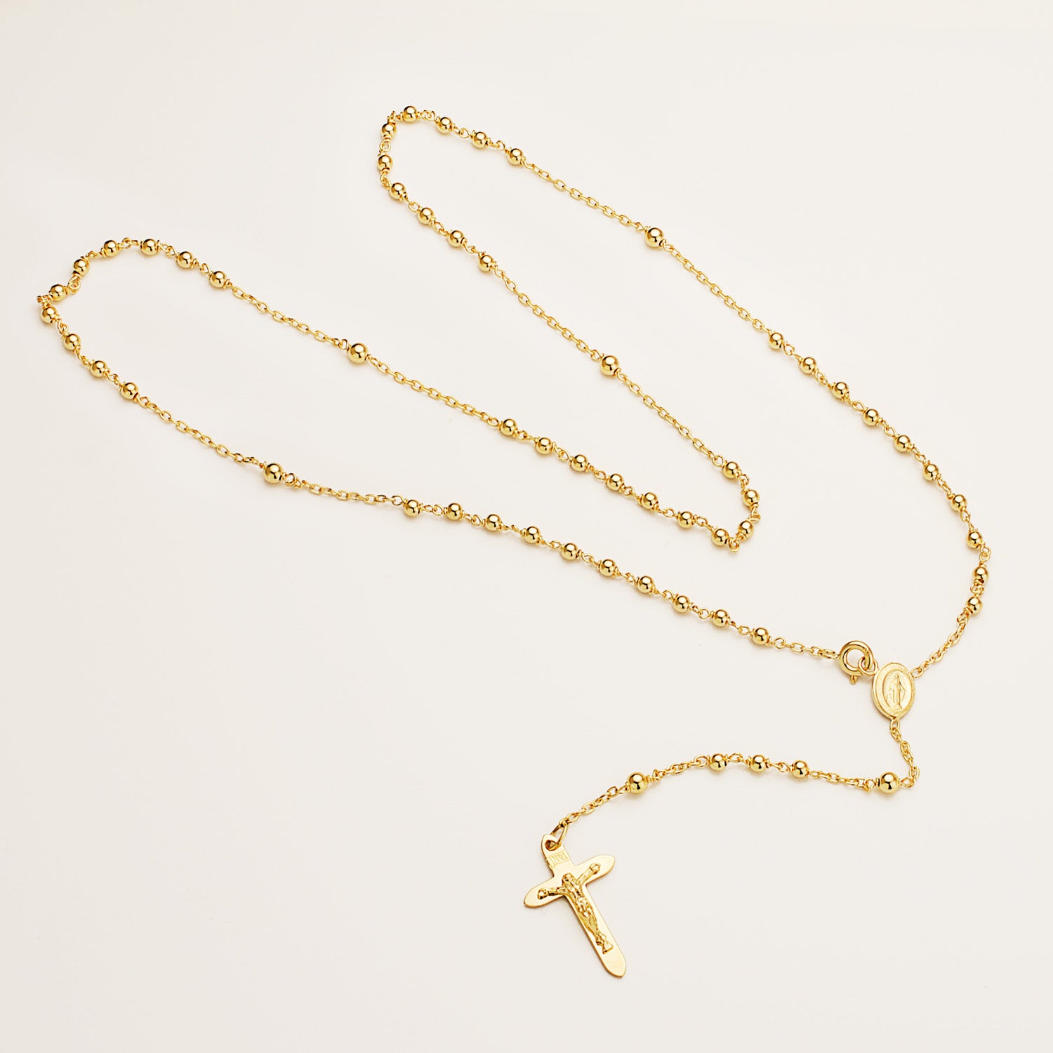 Chapelet Or Jaune 18K avec Boules 2 mm et Croix 23X14MM Chaîne Forcée 50 Cm