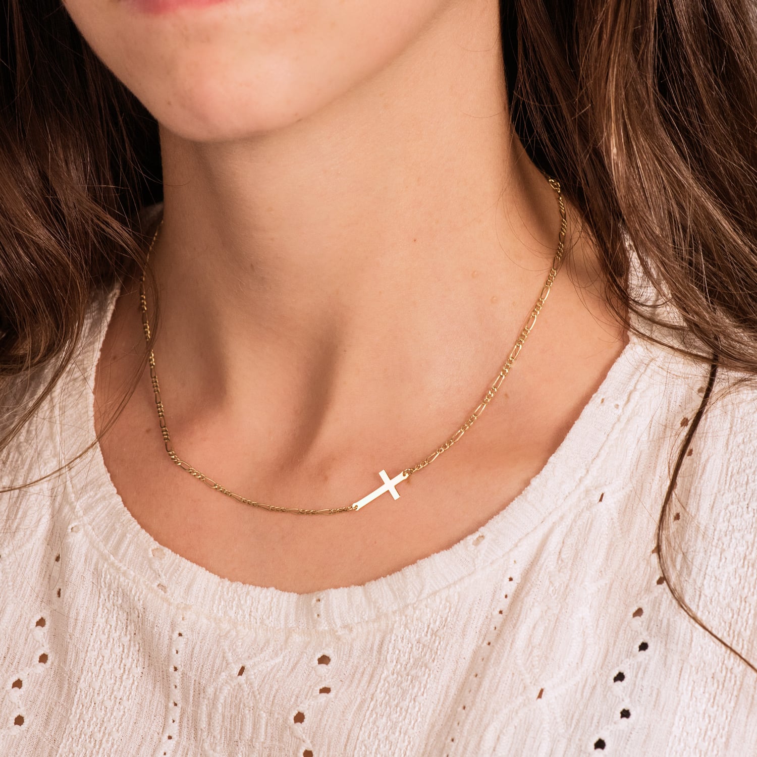 18K Collier Or Jaune avec Croix et Chaine Figaro 42 Cm